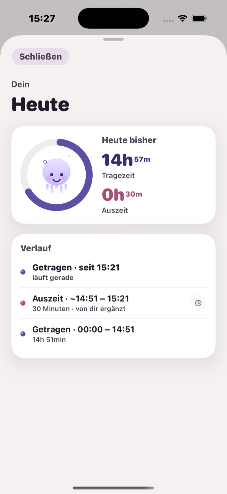 Milo Tagesansicht mit Tragezeit, Auszeit und zeitlichem Verlauf